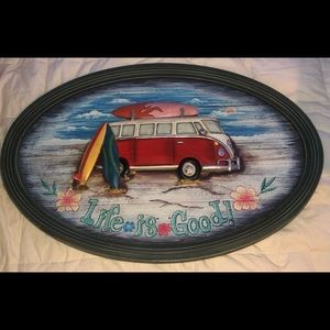 VW Bus Splitty ‘Life Is Good’ Wall Art with red 3D raised bus & surfboards.